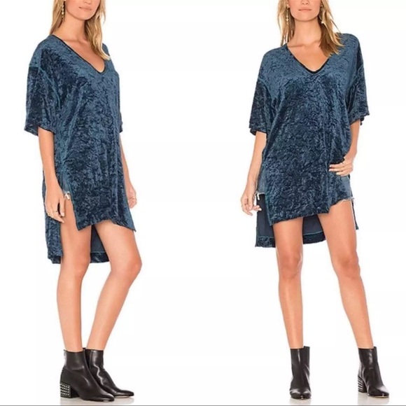 Free People Dresses & Skirts - Free People Crushed Velvet Tunic Dress Oversized Blue V-Neck Side Slit